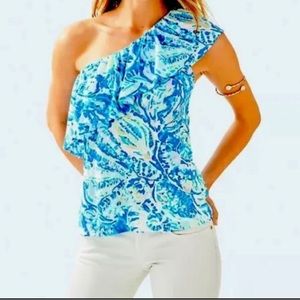 Lilly Pulitzer Matteo One Shoulder Ruffle Top Bennet Blue Salty Seas EUC size XS